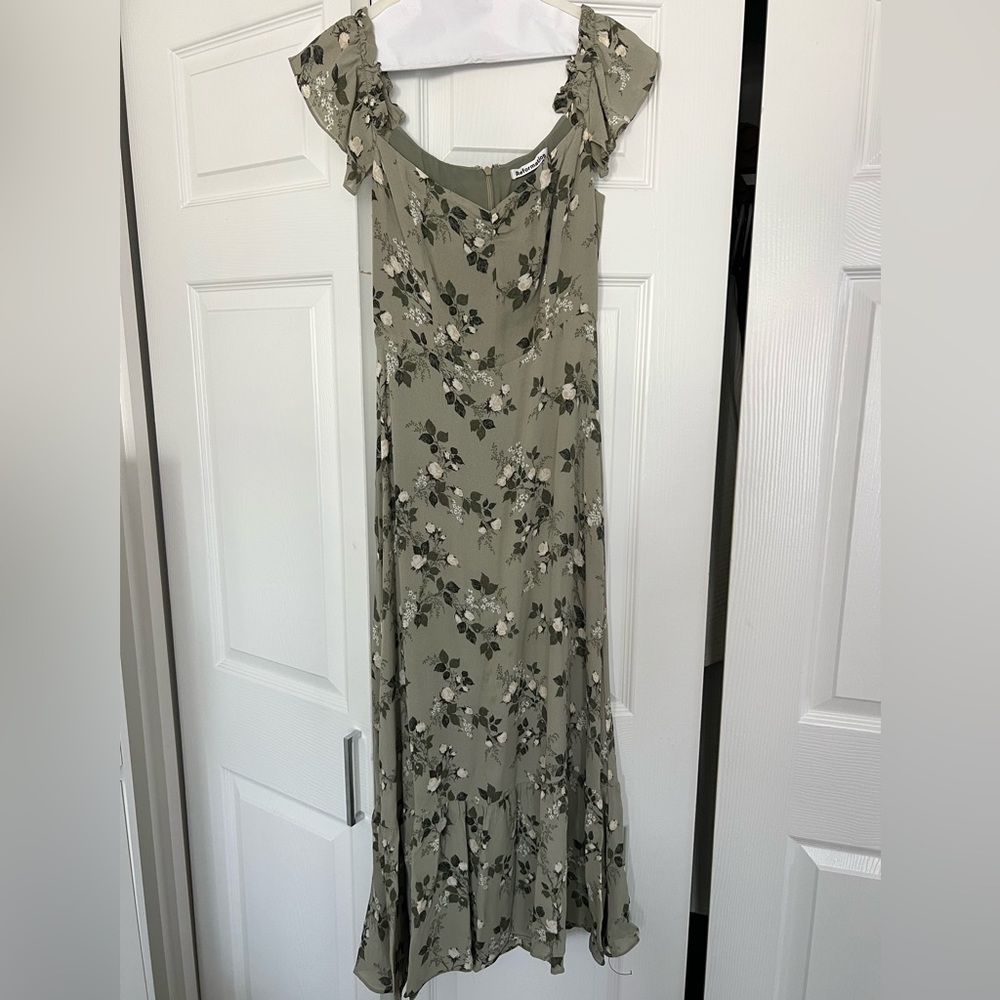 Reformation Sage Green Floral Off-Shoulder Midi Dress - Picture 2 of 5